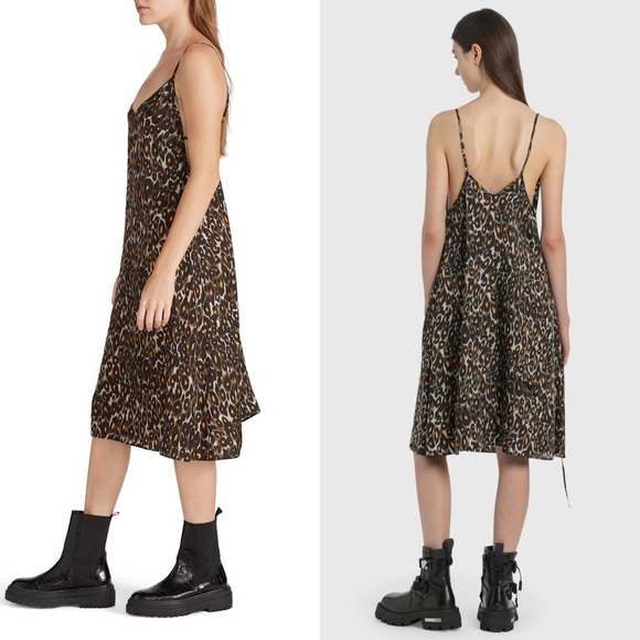 R13 90s Leopard Print Italian Fabric Sleeveless V-Neck Back Tie Slip Dress M - Picture 2 of 10